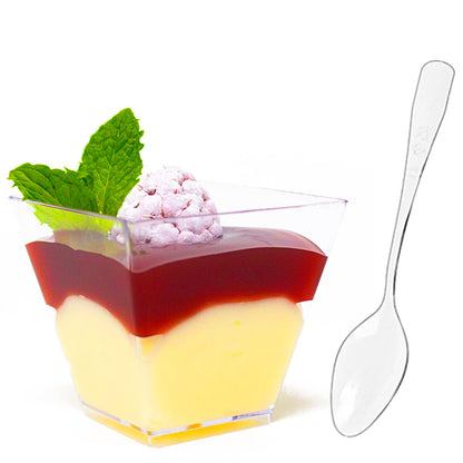 Tiny 50ct 2oz Mini Pyramid Plastic Dessert Cups with Spoons Professional-Grade Recyclable Disposable Party Cups and Mini Appetizers Dessert Shooter Cups Small Serving Plastic Cups CMJJ