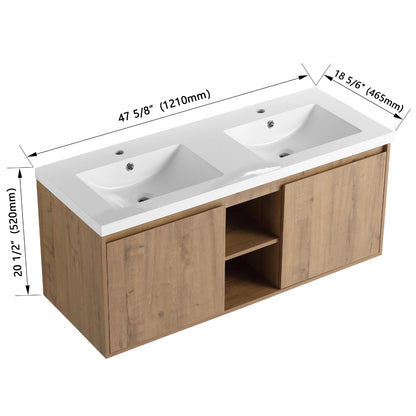 Trygoal Floating Bathroom Vanity, 48" Bathroom Storage Cabinet with Double Resin Sinks, 2 Soft-Close Doors & 2 Open Storage Shelves, Modern Wall-Mounted Vanity with 45° Bevel Handles, Oak