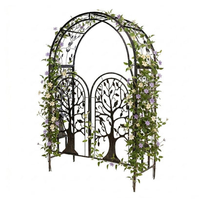 Plow & Hearth Metal Tree of Life Arched Garden Arbor with Gate | 7 feet Tall Laser-Cut Design | Plant Support for Heavy Vines | Landscape Focal Point | Iron Steel
