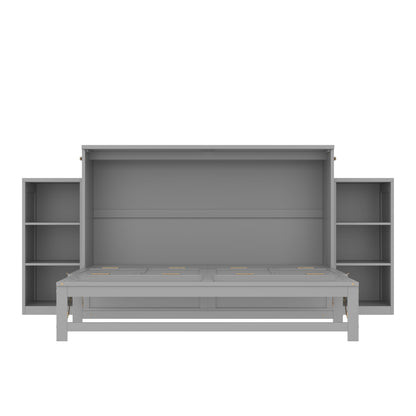 Bellemave Queen Size Murphy Bed, Cabinet Bed with 2 Shelves and Storage Drawers, Farmhouse Murphy Cabinet, Noisy Free, for Guest Bedroom, Living Room, Office, Light Gray