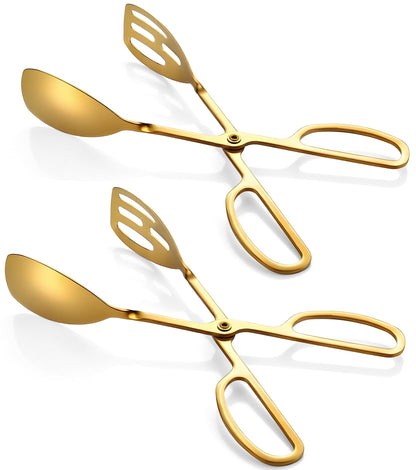 Salad Tongs for Serving 2 Pack - Premium Stainless Steel Scissor-Style, Non-Toxic, Heat-Resistant Salad Servers, Dishwasher Safe, Ideal for Buffet and Party Use (Gold)