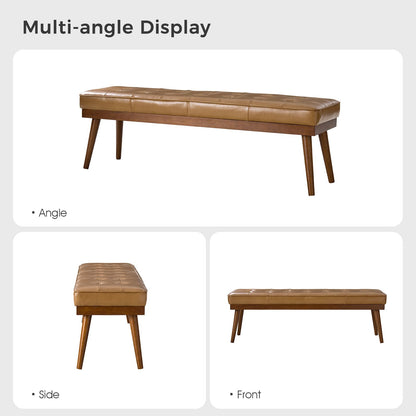 HULALA HOME 55.5" Genuine Leather Bench, Button-Tufted Entryway Bench with Solid Wood Legs, Upholstered End of Bed Bench for Bedroom, Camel