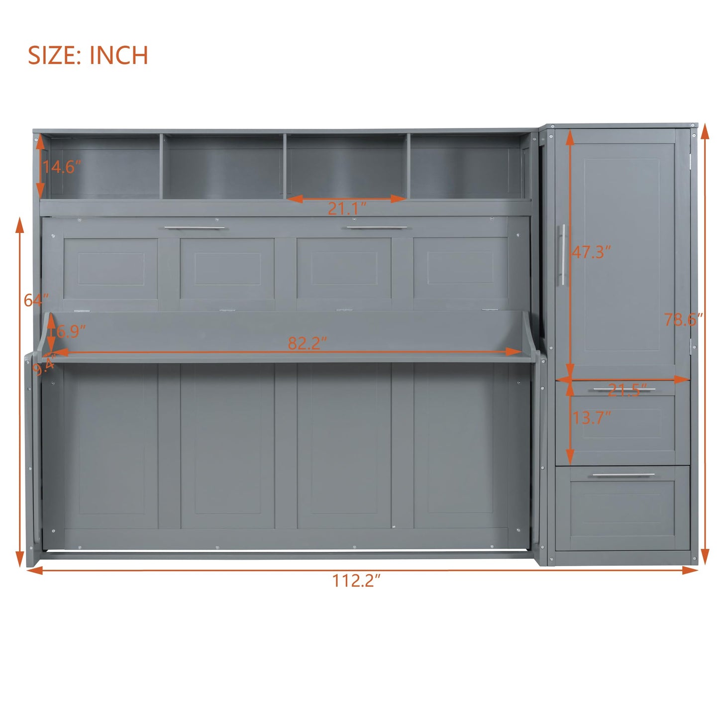 Ball & Cast Queen Size Murphy Bed Wall Chest with Closet and Storage Drawers,Wood Hideaway Platform Bedframe can be Folded,Easy Assembly,for Kids Bedroom,Student Dorms,Gray