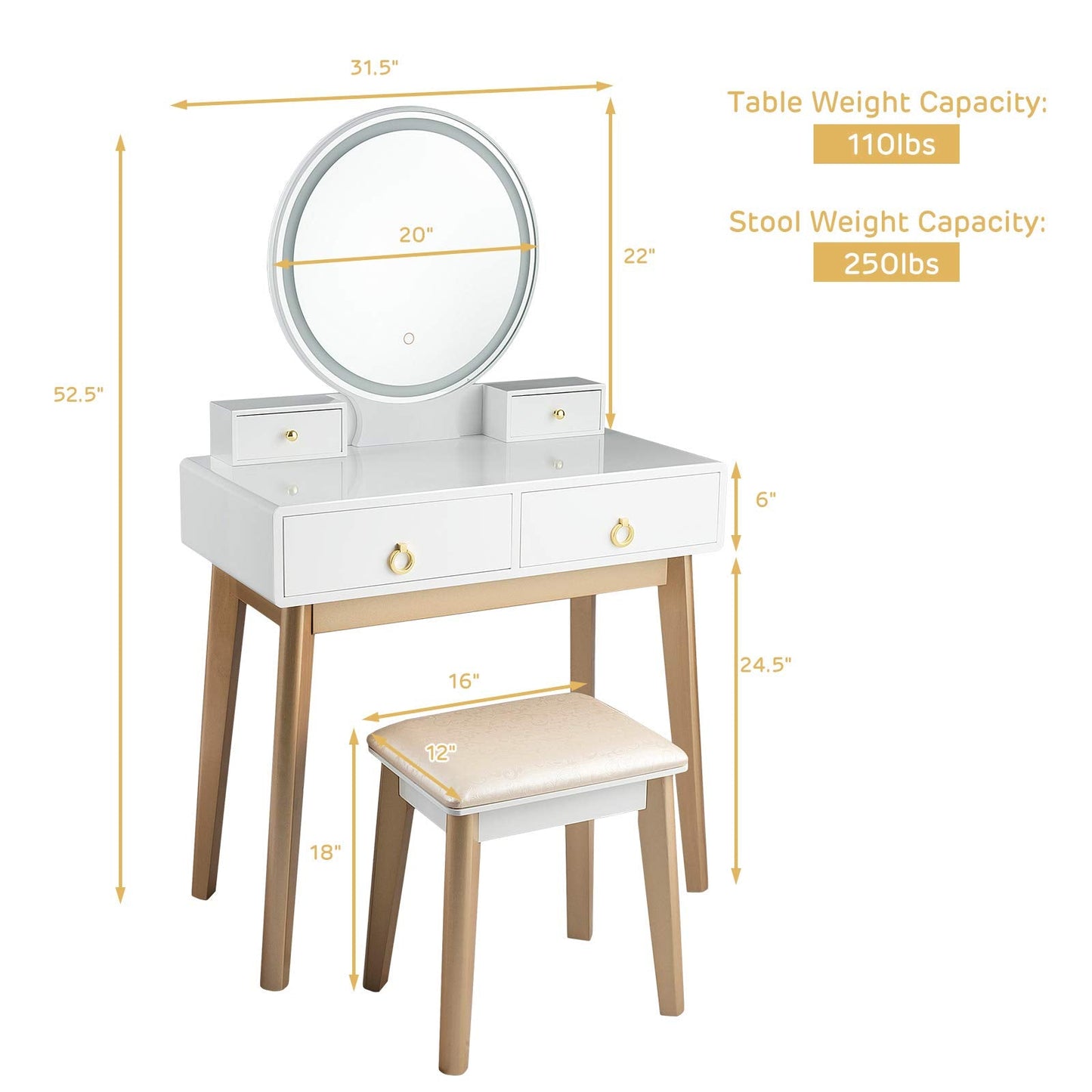Nightcore Vanity Set, Makeup Vanity w/Round Lighted Mirror, Vanity Desk w/Cushioned Stool, 4 Drawers Modern Home Dressing Table for Girls & Women, White