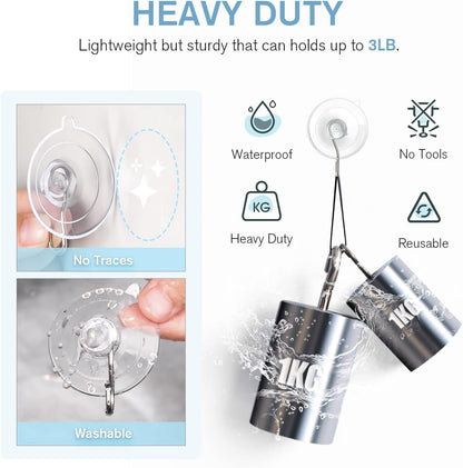 VIS'V Suction Cup Hooks - 1.77 Inch Clear Window Suction Cups with Metal Hooks | 12 Pcs, Removable & Reusable
