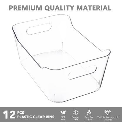 Tiawudi 12 Pack Plastic Storage Bins, Multi-Use Organizer Bins, Pantry Organizer, Clear Storage Containers for Home, Kitchen, Office, Cabinet, Shelf and Fridge Organization