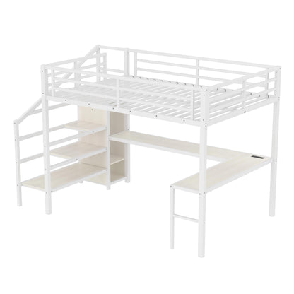 KEIKI Metal Loft Bed Queen Size with L-Shaped Desk, USB Port, Wardrobe, Adjustable Shelf, and LED Lights, High Loft Bed with Stairs for Teens and Adults, White Wood Grain