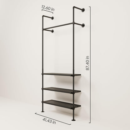 pamo Industrial Pipe Clothing Rack with Shelf - 390 lbs Capacity - Wall Mounted Clothes Rack and Walk In Closet with Metal Shelf for Wardrobe