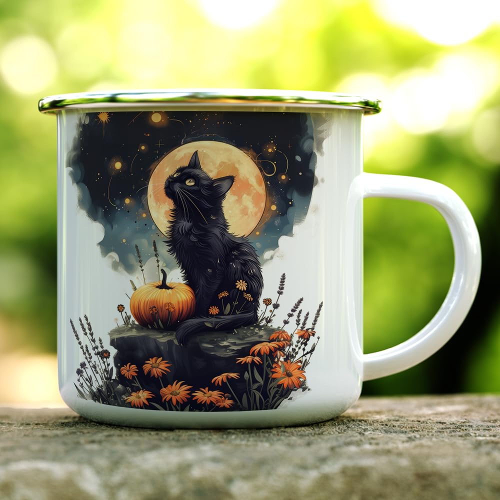 Mystical Black Cat Full Moon Enamel Camp Mug, Fall Halloween Spooky Outdoor Camping Coffee Cup, 12oz
