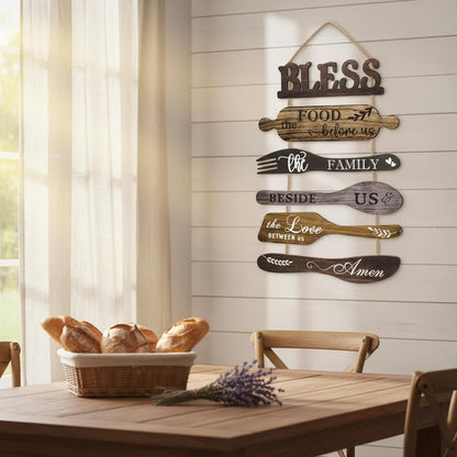 Benlarky Kitchen Wall Decor Set, Bless the Food Before Us Quotes Farmhouse Wooden Roped Hanging Signs, Rustic 6pcs Wall Art for Dining Room, Large Wood Plaque Decor for Home Kitchen Housewarming Gifts