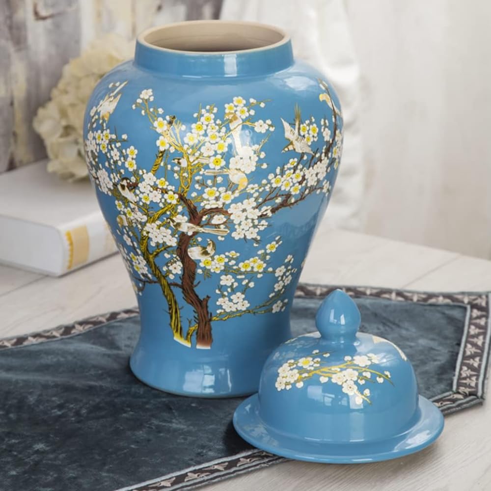 ERoomQ Blue Ceramic Ginger Jar with Lid for Home Decor,Traditional Chinese Trees and Flowers Temple Jar, Jingdezhen Handcrafted Porcelain Vase Centerpiece Decor-Medium
