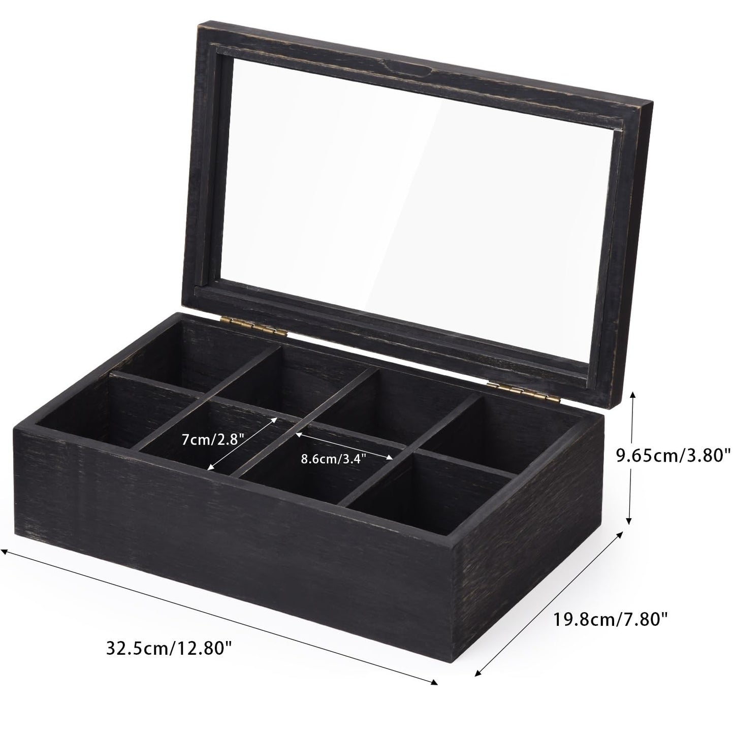 Alsonerbay Wooden Tea Box Tea Bag Holder Kitchen Storage Chest Box for Spice Pouches and Sugar Packets with 8 Compartments and Glass Window Weathered Black