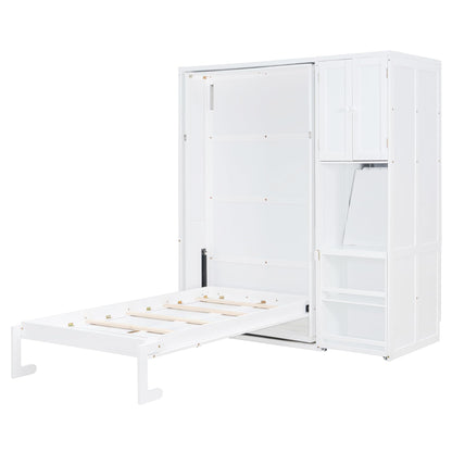 DNYN Rotating Murphy Bed with Top Cabinet and Extendable Desk for Guest/Study Room, Space-Saving Twin Size Wood Foldable Wall Bed Frame with Side Storage Shelf and Bookshelf, No Box Spring Needed