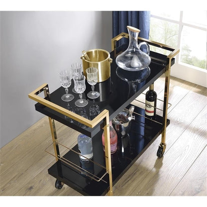 Pemberly Row Modern Serving Cart, Black Metal and Gold Frame, 32"W x 16"D x 30.5"H, 2-Tier Design, High-Sheen Laminate Surface, Locking Casters, Bottle Caddies, Bar and Cocktail Station for Parties