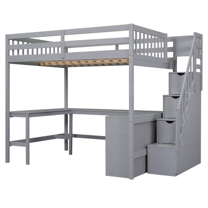 Ball & Cast Loft Bed Full Size with Built-in L-Shaped Desk and Three-Tier Storage Shelves,Wooden Bedframe w/Storager Staircase & Guardrails,Space Saving,Bedroom Furniture for Student Dorms,Gray