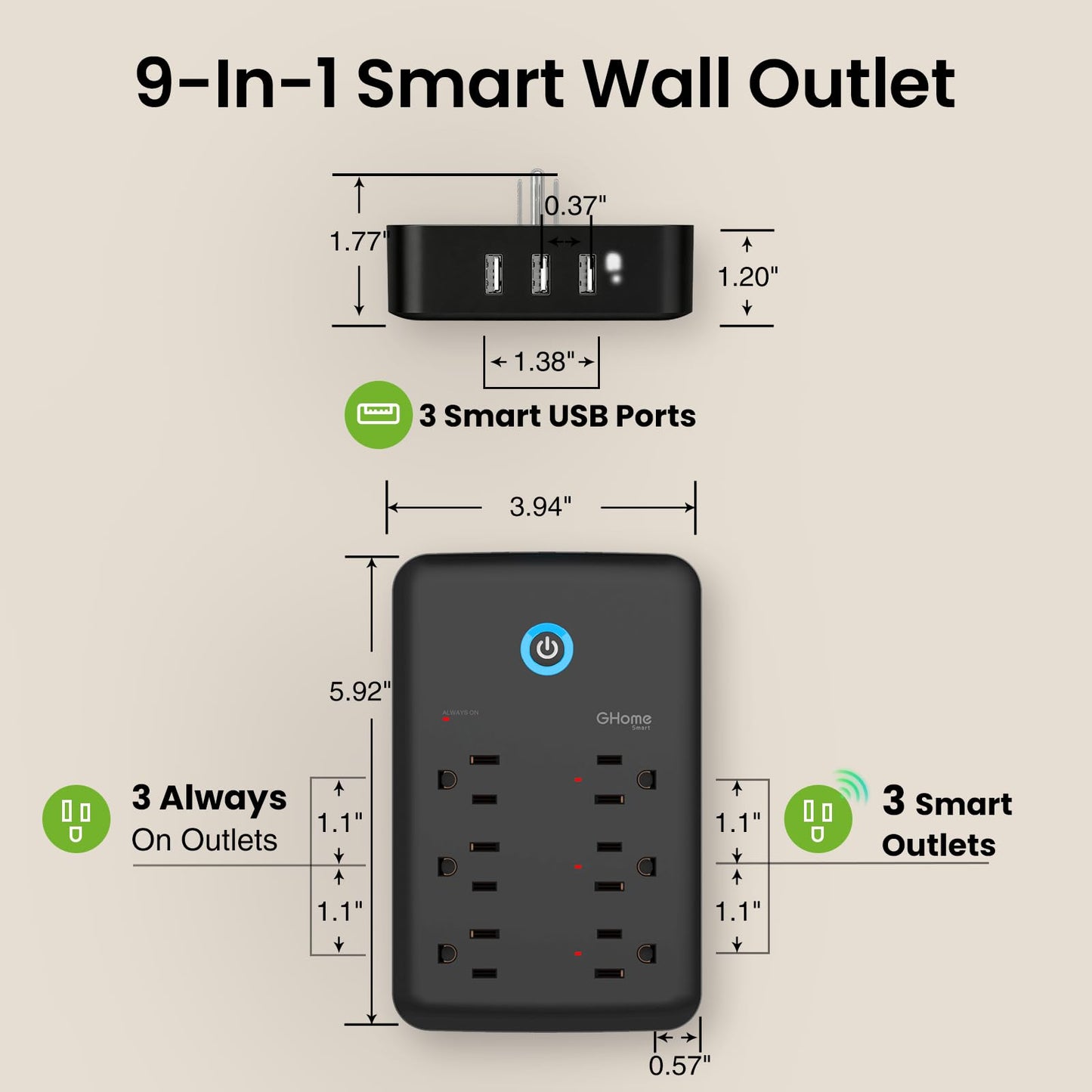GHome Smart Power Strip, 1800W/15A High Power Devices Support Surge Protector Extension Cord, 9 in 1 Smart Plugs that Works with Alexa Google Home, 2.4 GHz WiFi Wall Outlet Extender, No Hub Needed