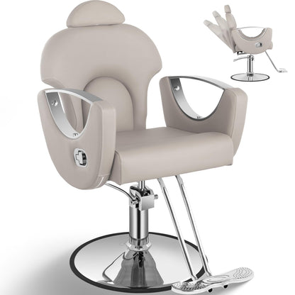 Tythical Reclining Salon Chair, Hydraulic Barber Styling Chair for Hair Stylist, 360 ° Swivel Hair Braiding Hairdresser Chairs, Height Adjustable Spa Beauty Equipment for Barbershop, Grey Silver