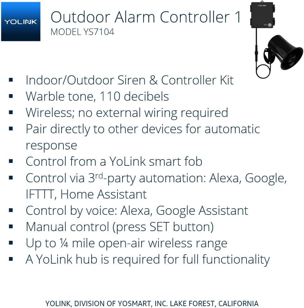 YoLink Outdoor Security Siren & Smart Alarm Controller Kit - Loud 110 dB, Wireless, Battery-Powered, 1/4 Mile Range, Android-iOS App, Alexa, Google, IFTTT, Home Assistant, Hub Required!