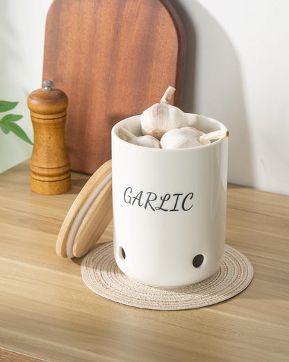 Magclay Ceramic Garlic Keeper with Lid, 40 Oz Large Garlic Holder, Garlic Storage Container, White with Black Text