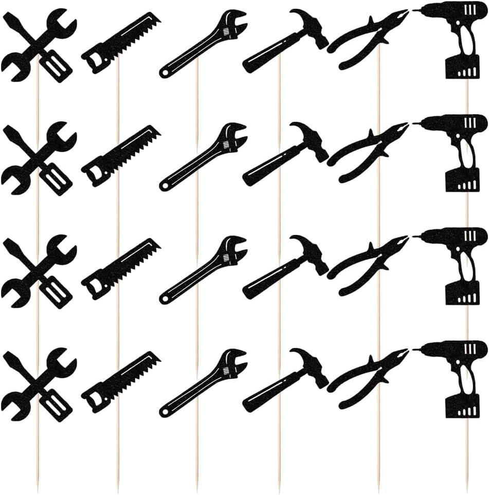 24PCS Tools Cupcake Topper, Construction Tools Cake Decorating for Boys & Men Birthday Party