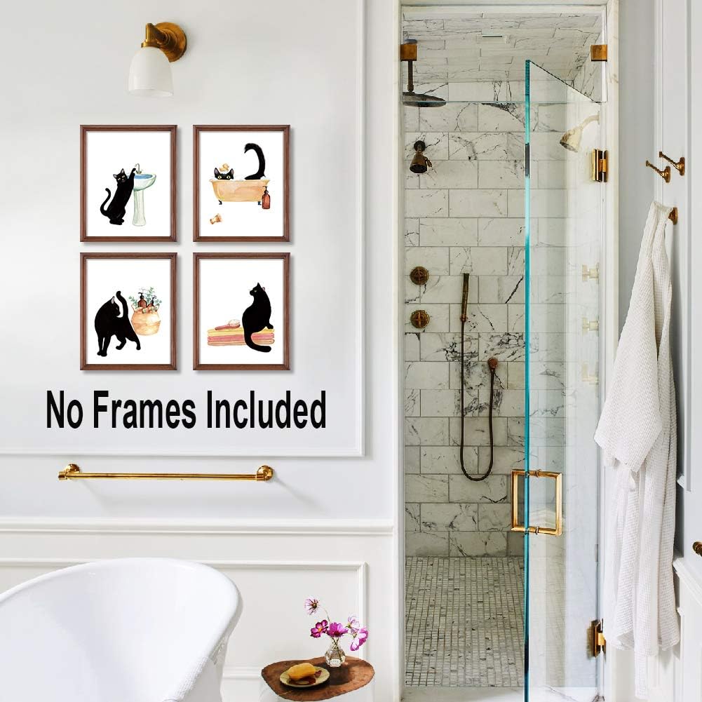 LHIUEM Black Cat Bathroom Decor, Funny Wall Art Set of 4, 8"X10", Unframed, Kitten Pictures