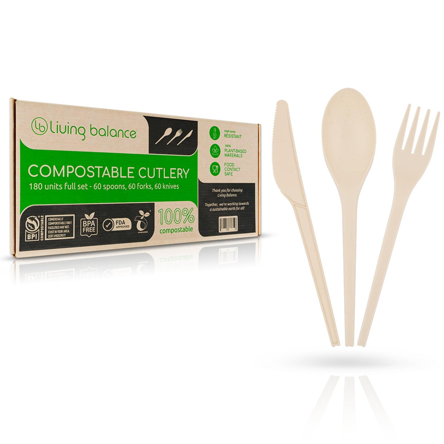 Living Balance Certified Compostable Cutlery 180 Pieces Set - CPLA 60 Forks, 60 Spoons & 60 Knives - Heavy Duty Flatware - Reusable, Zero Waste, Travel, Picnic, to Go & Kitchen Use - BPA Free