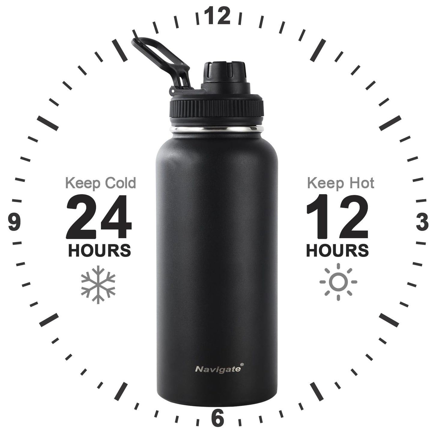 Navigate 32 oz Insulated Stainless Steel Sports Water Bottle with Spout & Handle Lids,Wide Mouth Water Jug with Double Walled Leak Proof Keep Cold for 24 Hrs Hot for 12 Hrs,Black