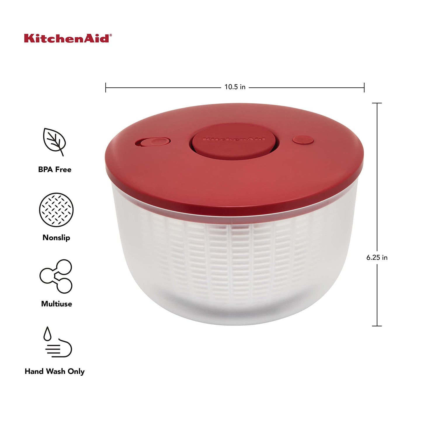 KitchenAid Universal Salad Spinner with Removable Bowl, Colander and One Handed Pump Mechanism, Large Bowl Nests and Features Non Slip Base, 7.43 Quart, Empire Red