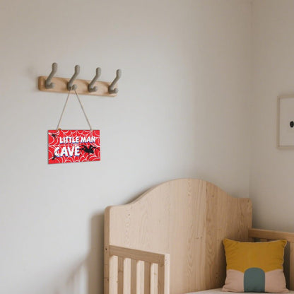 Spider Door Sign, 12x6in Red Wooden Spider Web Nursery Room Decor Little Man Cave Signs with Rope Wall Art Room Decoration for Boys Men