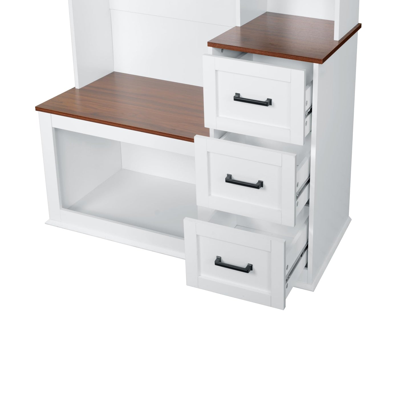 Virubi Modern Entryway Shoe Bench with Coat Rack & Storage – 40.2" Wide Hall Tree with 3 Hooks, 3 Drawers, Shelves & Seating for Hallway, Living Room – Sturdy White/Wood Finish, Easy Assembly