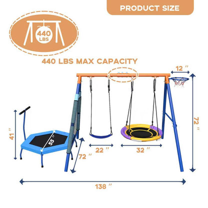5-in-1 Kids Swing Sets for Backyard with Trampoline, 880lbs Heavy-Duty A-Frame Stand Metal Outdoor with 32 inch Saucer & Belt Swing, 55 inch Trampoline, Basketball Hoop, Led Light & Anchors