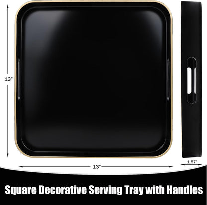 13"*13" Black Square Decorative Tray with Handles, Versatile Serving Tray for Coffee Table, Ottoman, Ideal for Serving