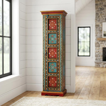 Starlight Canyon Home Hand Painted Tall Storage Cabinet, Boho Eclectic Merranti Wood Accent Cabinet for Living Room in Multicolor Finish