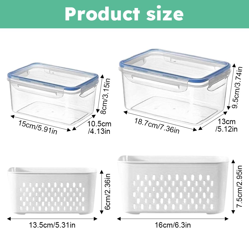 Trasylph 2 Pack Fruit Storage Containers for Fridge with Removable Colanders, Dishwasher & Microwave safe Produce Storage Containers with Lids Keep Fruits, Vegetables, Berry, Meat Fresh longer