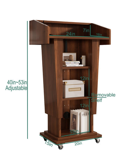 Xibolai Mobile Podium 40"-53" Adjustable Height & Locking Casters | 25"x16" Blockboard Podium Lectern with Wheels for Classrooms, Auditoriums, Events