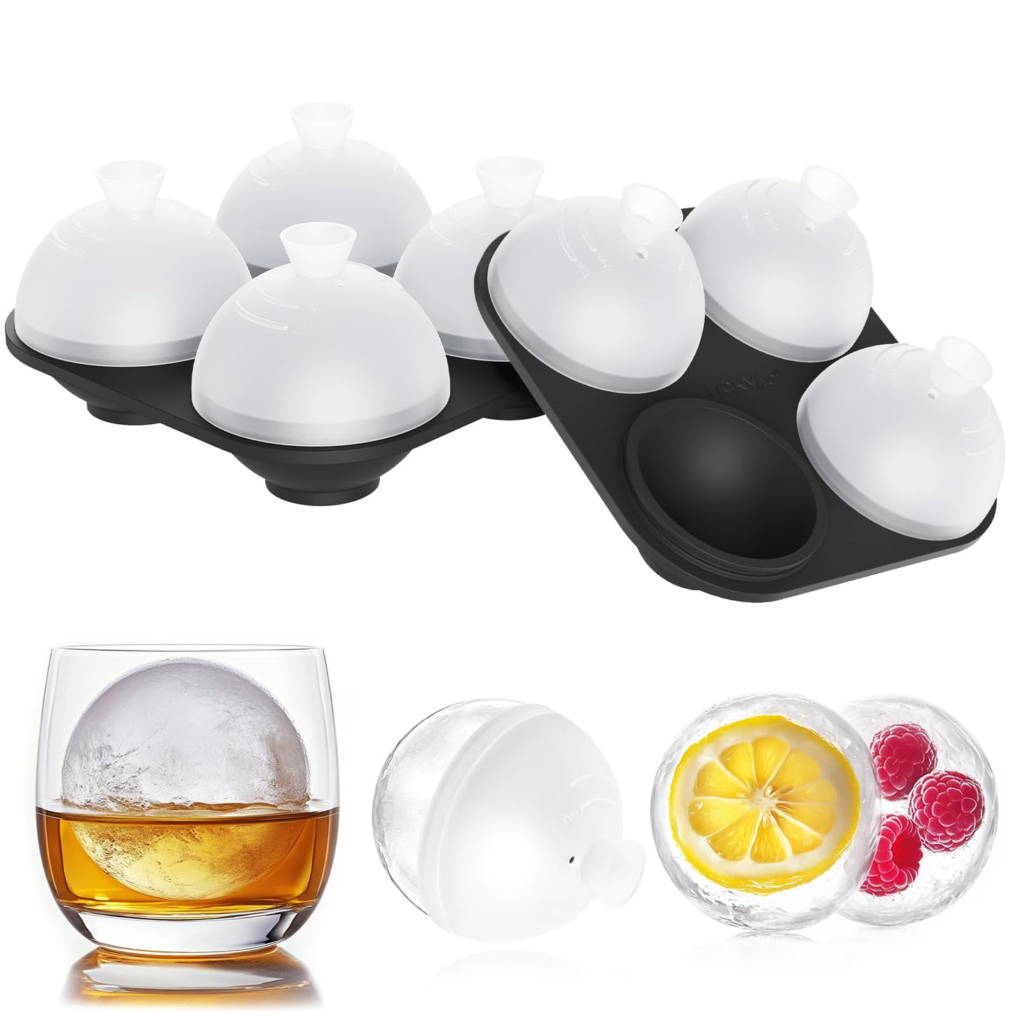 HONYAO Silicone Whiskey Ice Ball Mold - 2.4 Inch Large Ice Cube Trays Molds Silicone with Lids - Ice Sphere Maker for Cocktails, Bourbon, Rum - 2 x 4 Iceballs