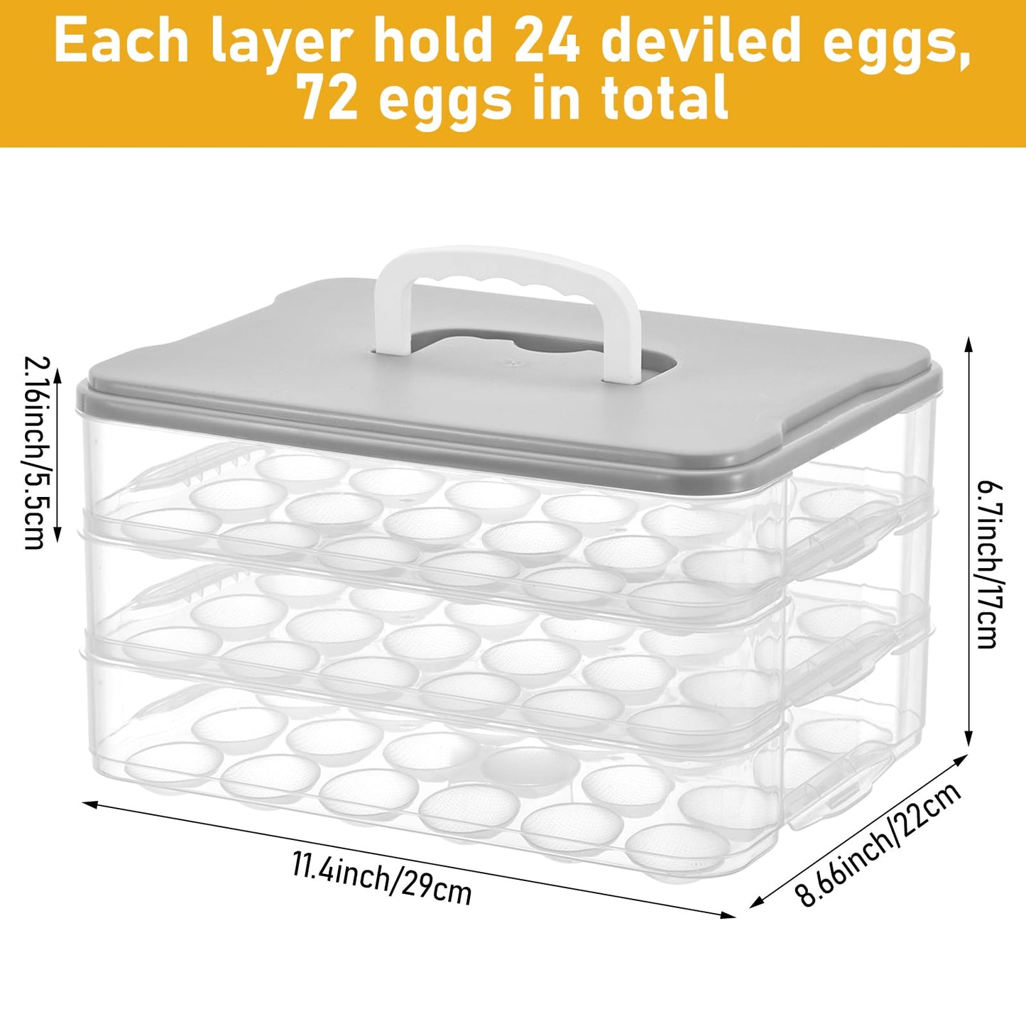 BOUTICOL 3-Layer Deviled Egg Container with Lid and Handle, Clear Plastic Deviled Egg Carrier Storage 72 Eggs, Portable Stackable Eggs Holder Platter for Easter, Thanksgiving Day, Party, Picnic