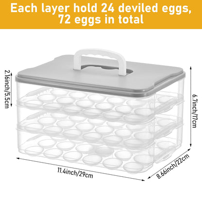 BOUTICOL 3-Layer Deviled Egg Container with Lid and Handle, Clear Plastic Deviled Egg Carrier Storage 72 Eggs, Portable Stackable Eggs Holder Platter for Easter, Thanksgiving Day, Party, Picnic