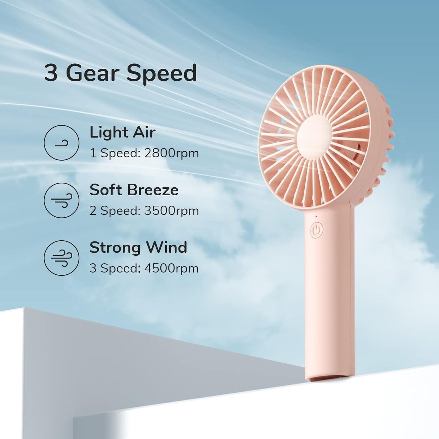 JISULIFE Portable Handheld Fan, USB Rechargeable, 3 Speeds, Personal Fan for Outdoor, Indoor, Travel, Office - Pink