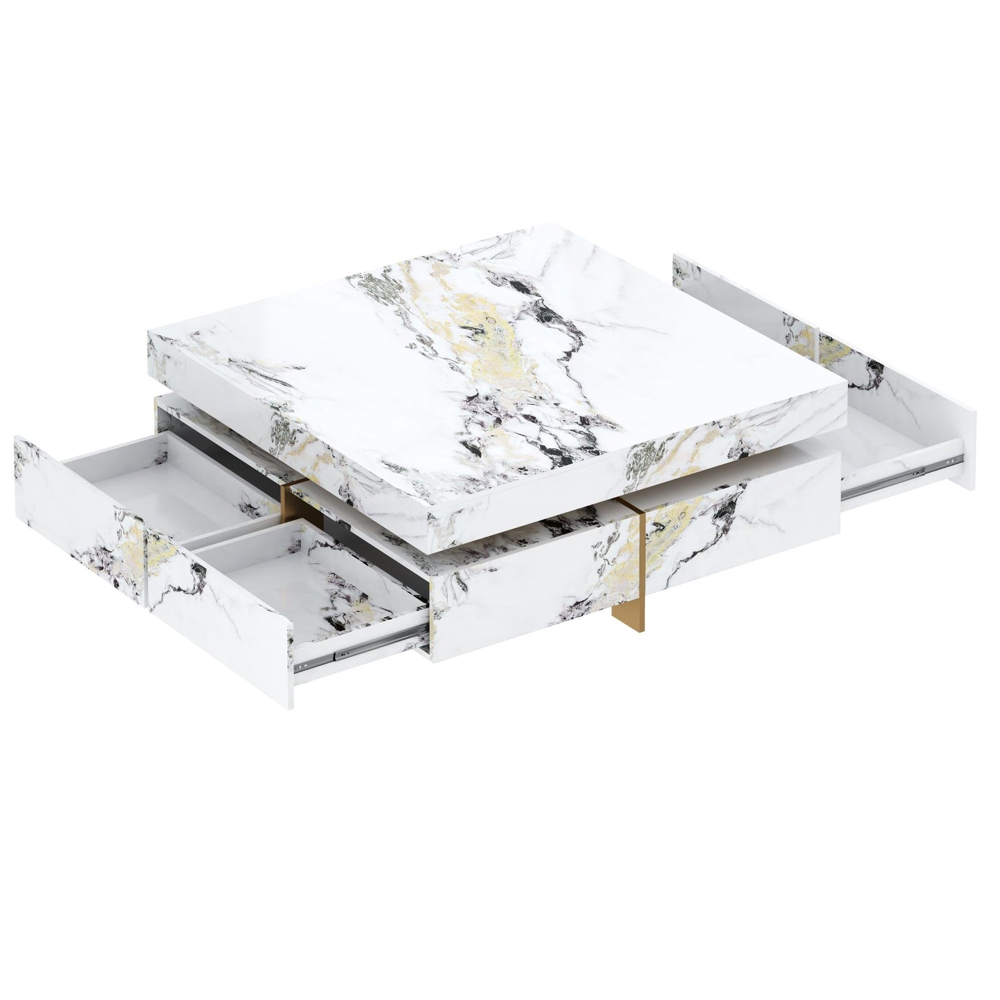 Merax 43.3 Inch Modern Large Square Coffee Table with Marble Textured Top, 4 Built-in Drawers Ample Storage and Floating Suspended Base, Modern Elegance White MDF Storage Center Table for Living Room