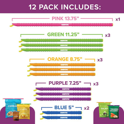 GripStic 12-Pack Assorted Bag Sealers – Airtight Reusable Chip Bag Clips for Food Storage, Freezer & Pantry Organization – Slide-to-Seal Rods for Snacks, Cereal, Coffee & Frozen Foods