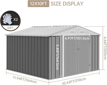 12x10 FT Outdoor Storage Shed, Large Metal Garden Storage Shed with Sloped Roof, Lockable Door, Durable Steel Tool Shed for Lawn Equipment, Backyard, Patio, Yard Organizer, Grey