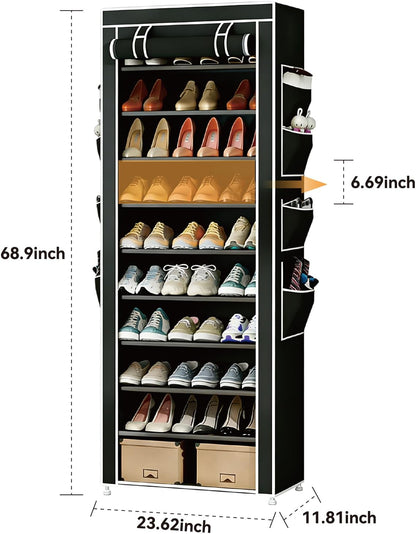 HOACHAN 10-Tier 30-38 Closet Shoe Rack with Dustproof Cover, Large Capacity Shoes Storage Organizer Holds Pairs