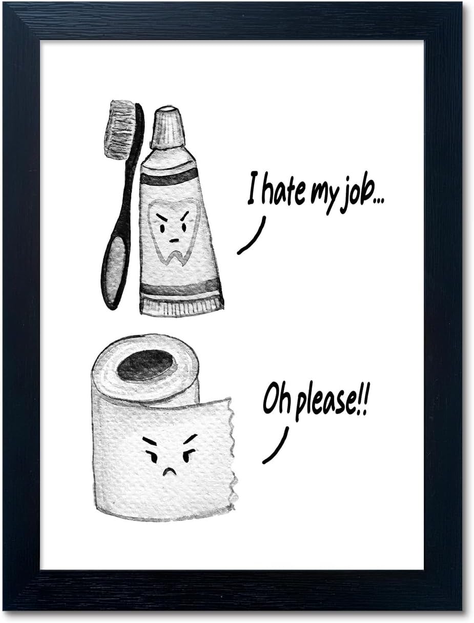 Skiennix Kids Bathroom Decor - Cute Children's Wall Art Canvas Print | Funny Framed Black and White Artwork