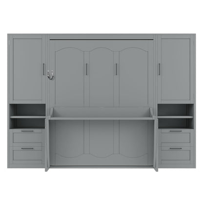 Merax Queen Size Murphy Bed with Desk, Multifunctional Foldable Wall Bed with Closet, Drawers and Shelves, Space-Saving Wood Platform Bed Frame for Small Spaces Studio Study Office Guest Room, Gray