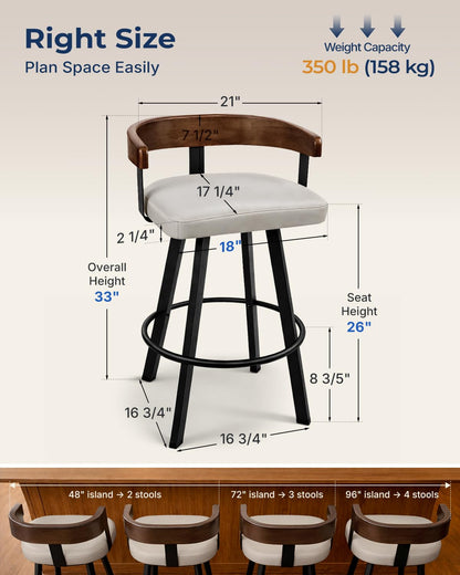FORSPARK 350 lbs Capacity Bar Stools with Back and Cushion 26" Swivel Counter Height Bar Stools with Solid Wood Back Modern Kitchen Island Chairs with Metal Frame 360°Barstools Dining Room Grey Black