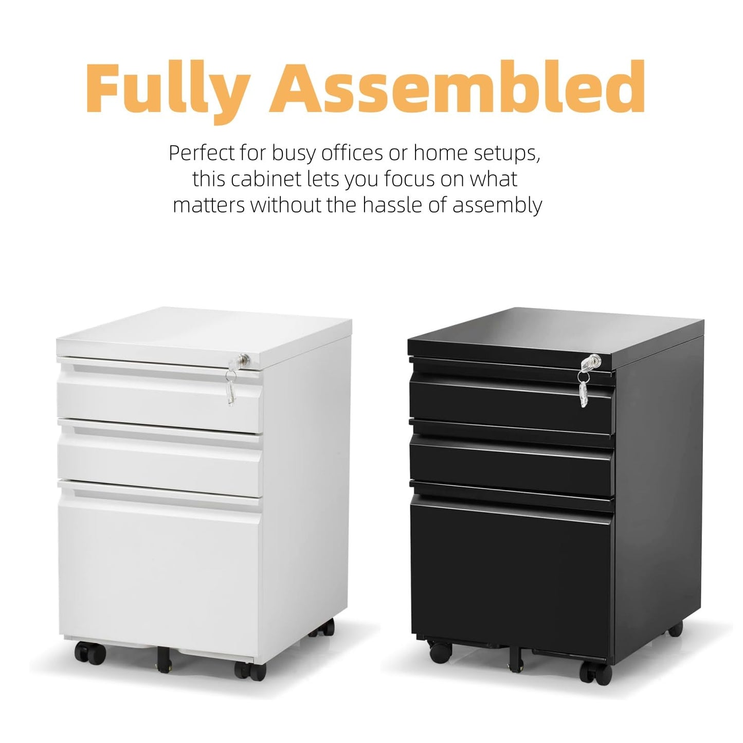 Oasecrilio Filing Cabinet 3 Drawer, Locking File Cabinets for Home Office, Mobile Filing Cabinet for A4/Letter/Legal Size File Folders, Fully Assembled, Matte White
