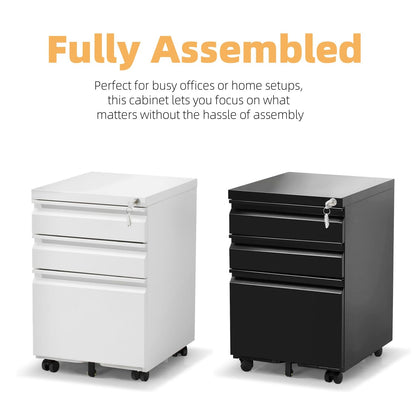 Oasecrilio Filing Cabinet 3 Drawer, Locking File Cabinets for Home Office, Mobile Filing Cabinet for A4/Letter/Legal Size File Folders, Fully Assembled, Matte White