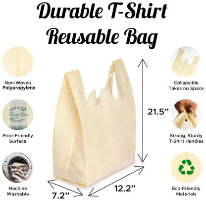 Simply Cool 50 Pack Reusable Eco-Friendly Grocery T-Shirt Shopping Bags 21.5”x12.2”x7.2”, Durable, Recyclable Shopping Bags Washable, Foldable, Portable Tote Bags Bulk