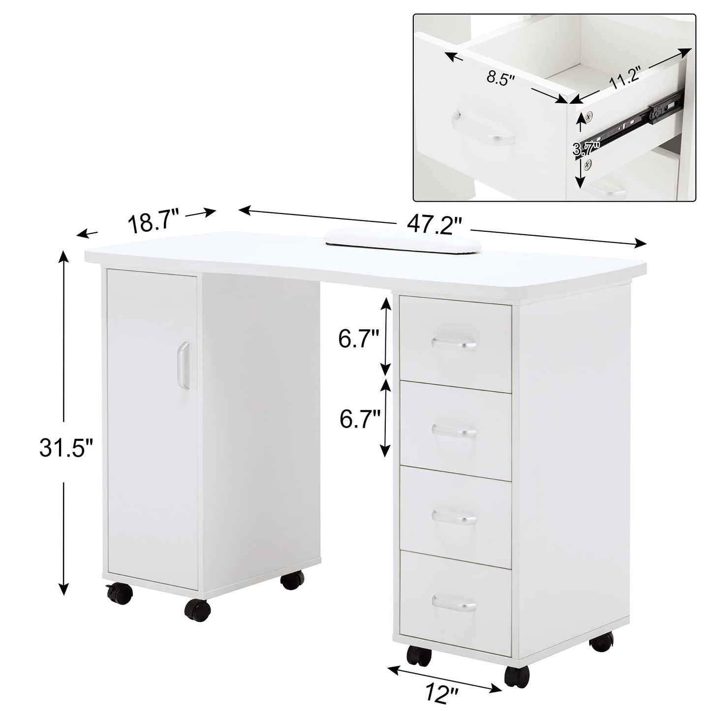 BarberPub Manicure Table - Acetone Resistant Nail Desk with 4 Drawers, 2 Cabinets, Lockable Wheels, Wrist Pad for Nail Tech, Beauty Salon - White